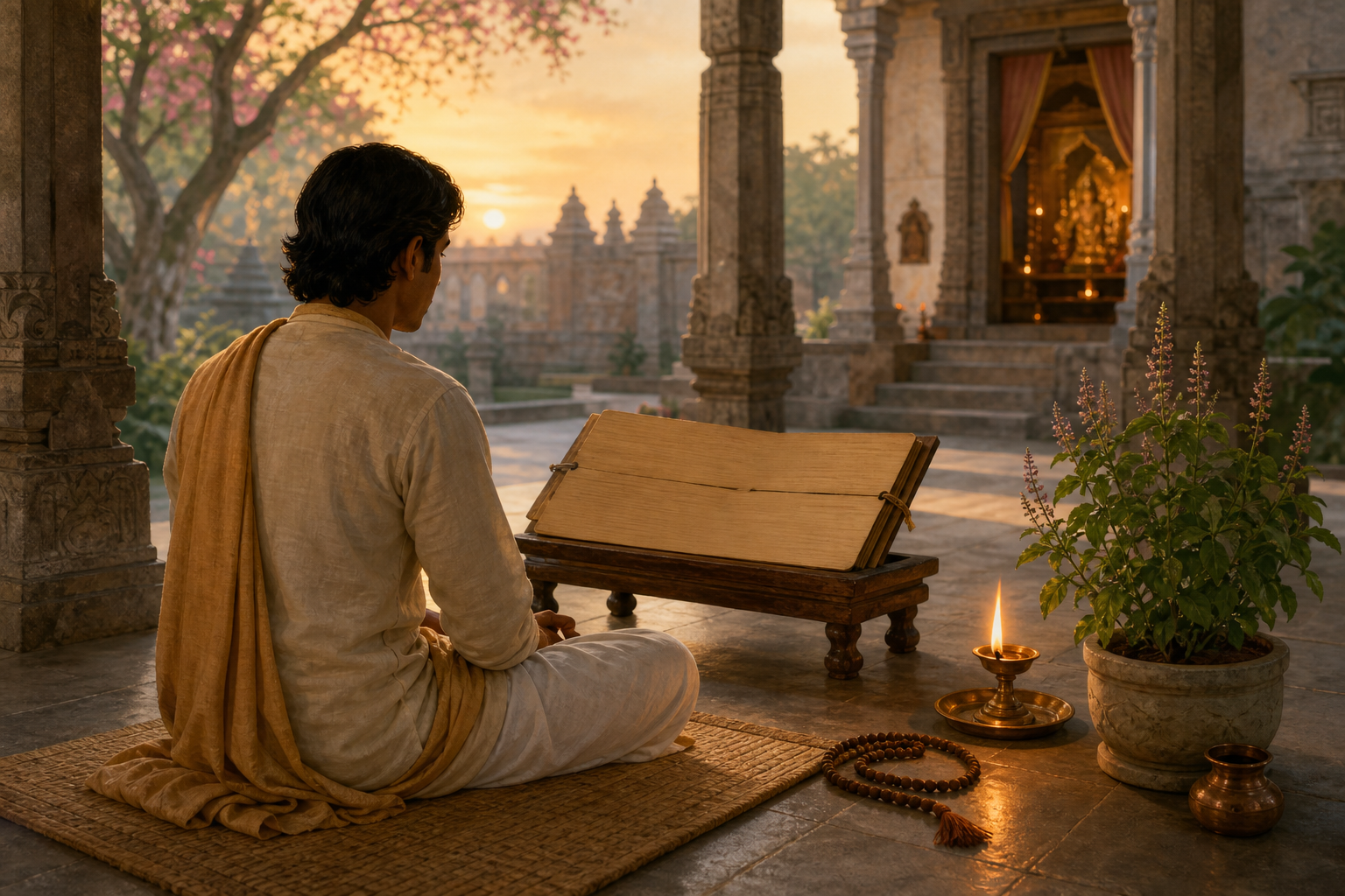 A seated devotee with folded hands, prayer beads, an unlettered manuscript, and an oil lamp in a quiet temple courtyard at dawn.
