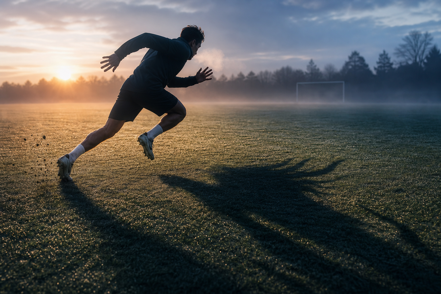 A lone footballer sprinting across a misty pitch at sunrise as his shadow forms an abstract trident-like shape.