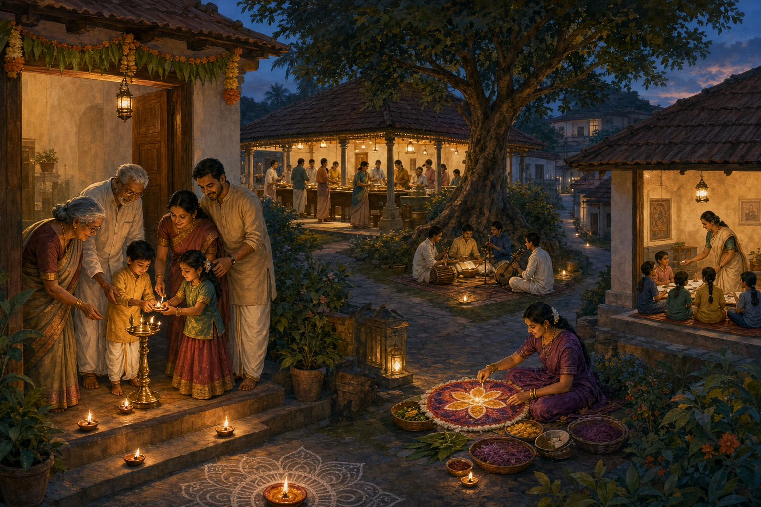 A family lights a lamp while nearby neighbors make decorations, practice music, prepare food, and gather for learning.
