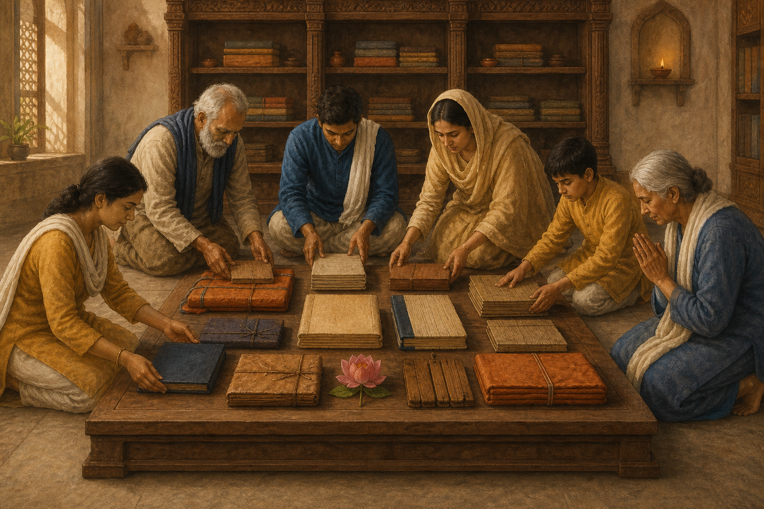 Several people respectfully arrange unlabeled books and palm-leaf manuscripts together on a raised platform in a traditional library.