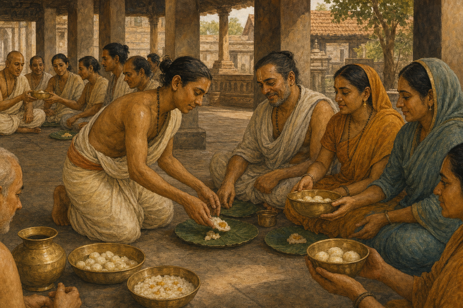Devotees seated in a shaded courtyard share bowls of sweets while one person serves sweet rice onto a leaf plate.