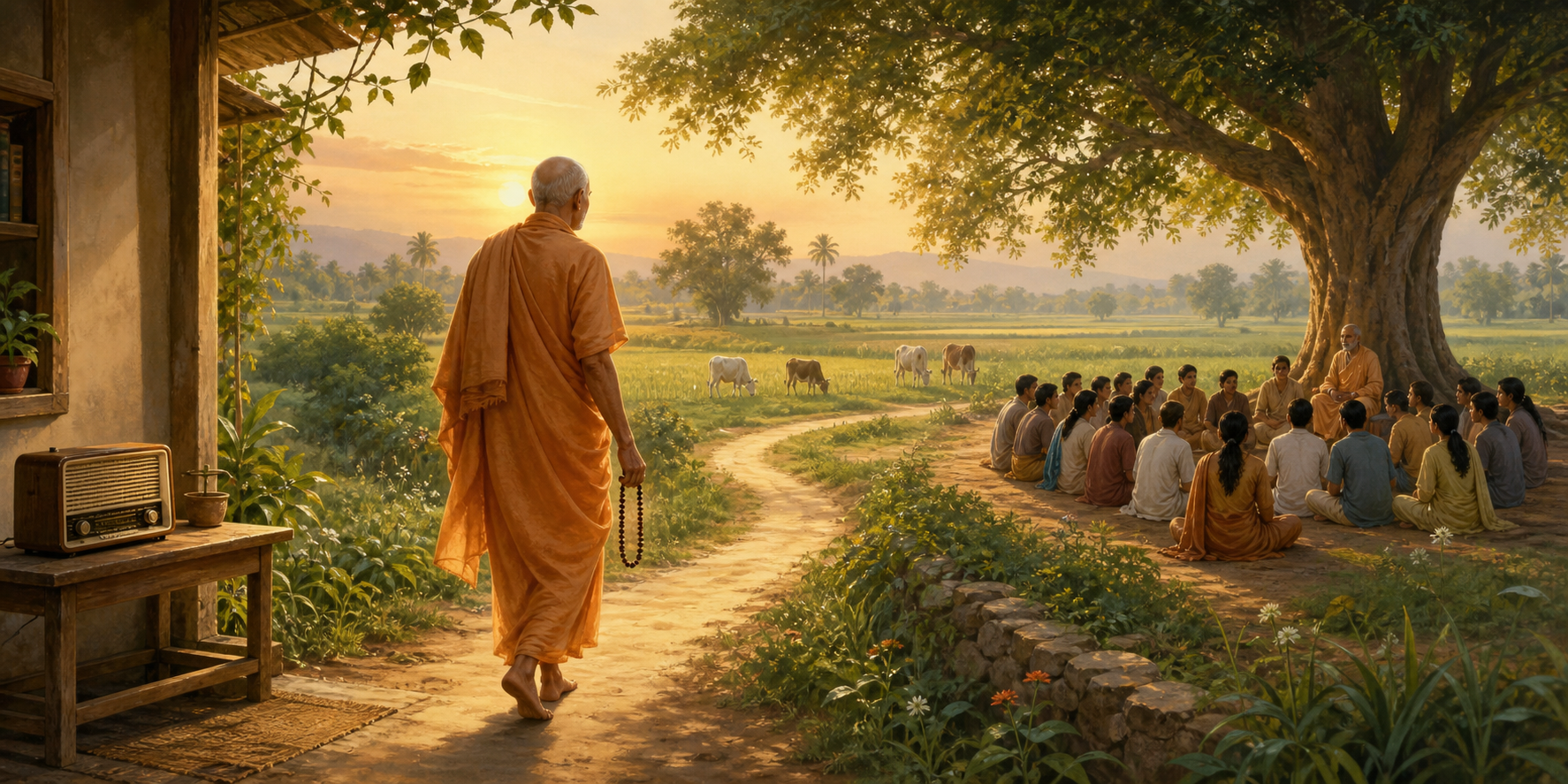 An elderly Vaishnava monk walks along a path linking a radio, cultivated fields, cows, and a diverse gathering beneath a tree.
