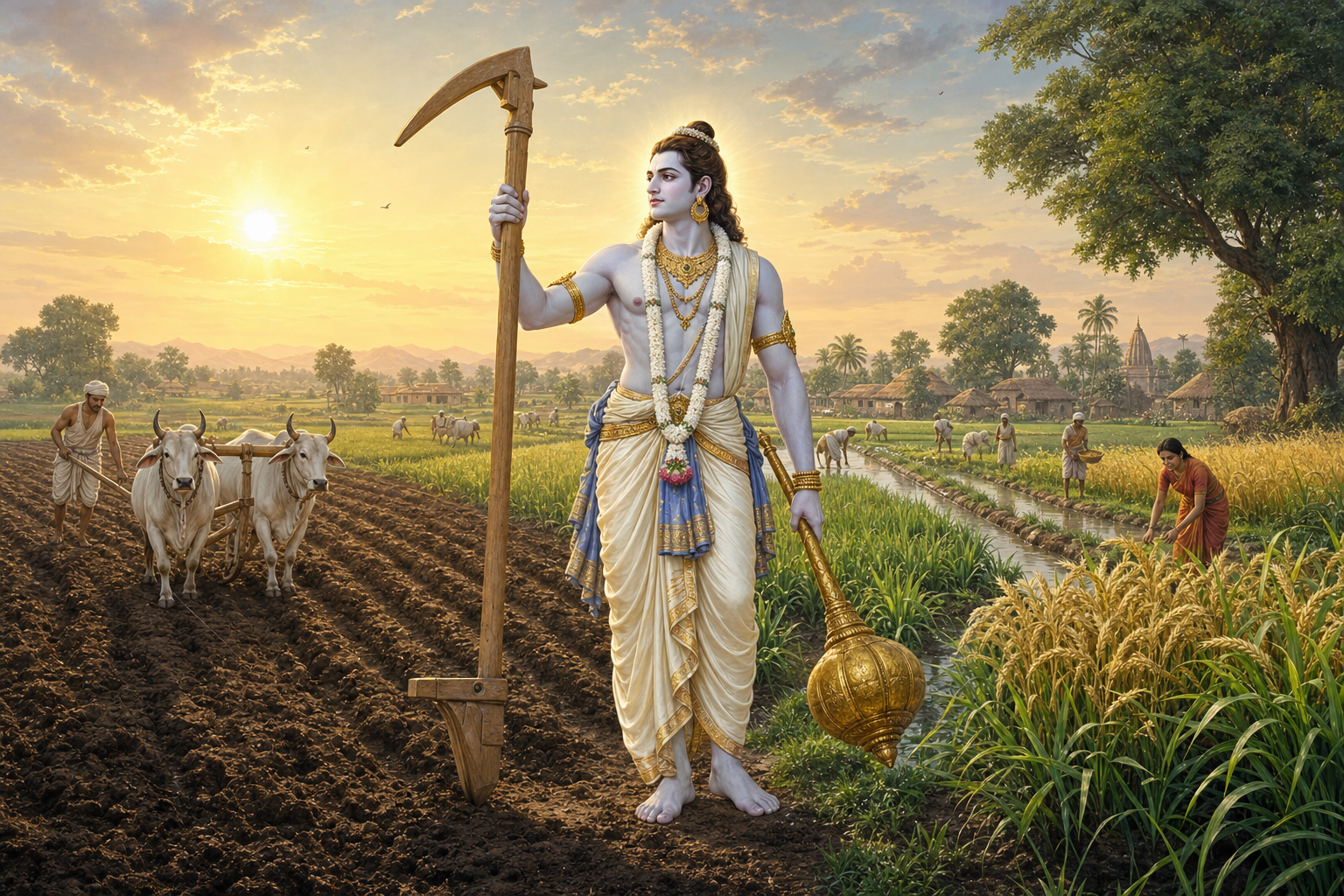 Balarama stands beside a furrowed field holding a plough upright, with a mace at his side and farmland, oxen, and a village in the distance.