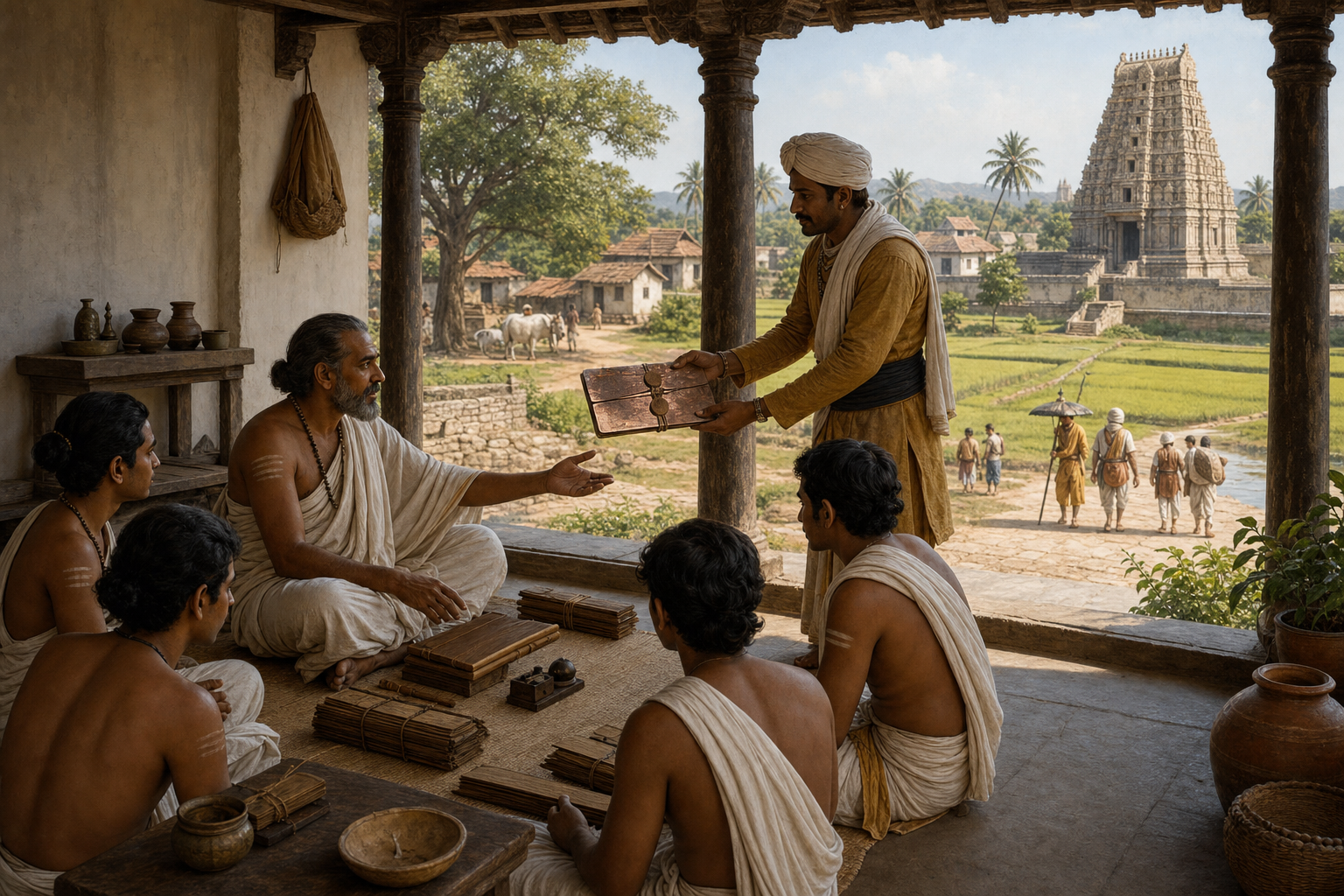 A scholar teaches students from palm-leaf manuscripts as a messenger presents copper plates in a South Indian village courtyard.