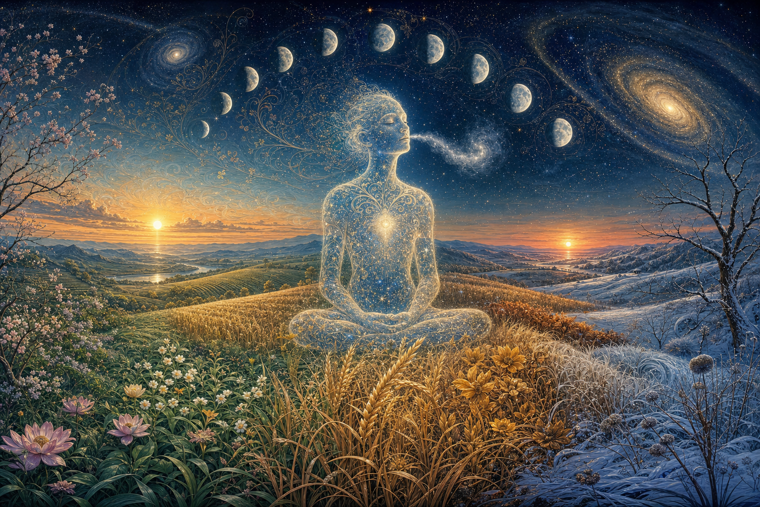 A translucent human figure stands amid a breath-like mist, changing daylight, moon phases, seasonal fields, and distant galaxies.