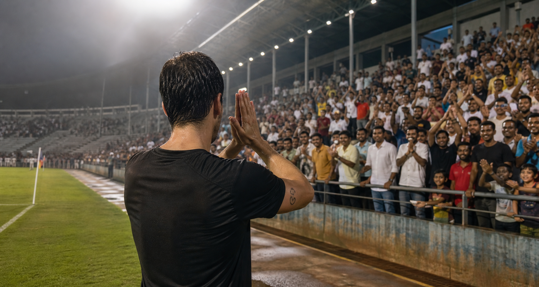 An anonymous foreign footballer with a Shiva-inspired arm tattoo greets supporters in an Indian stadium after a match.