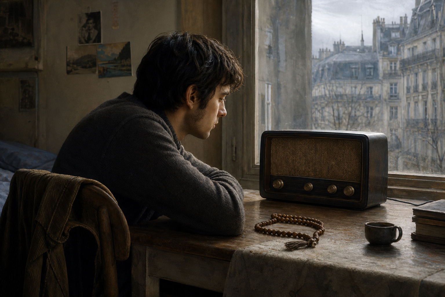 A young man listens attentively to a tabletop radio in a simple room while wooden prayer beads rest nearby.