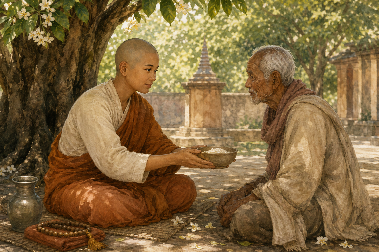 A calm practitioner listens to an older visitor while offering a bowl of food in a shaded temple garden.
