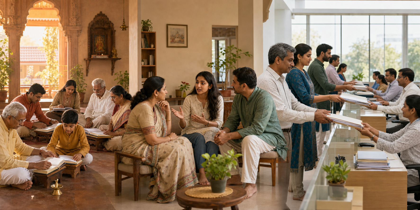 An editorial scene of community education, a supportive family conversation, and citizens submitting documents at a public office in Maharashtra.
