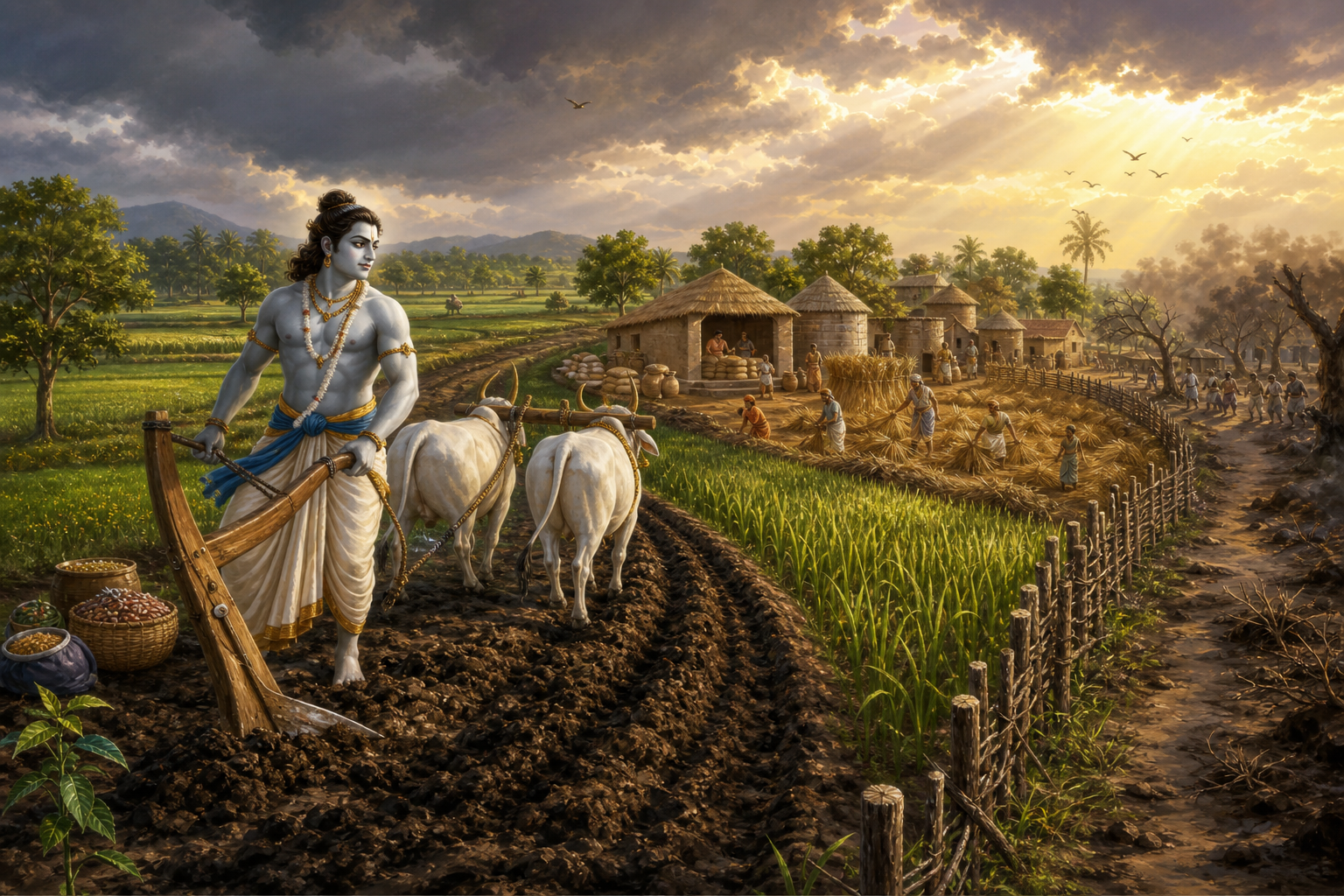 Balarama ploughs fertile soil near growing crops, harvested grain, farm workers, and a protected village beneath clearing monsoon clouds.