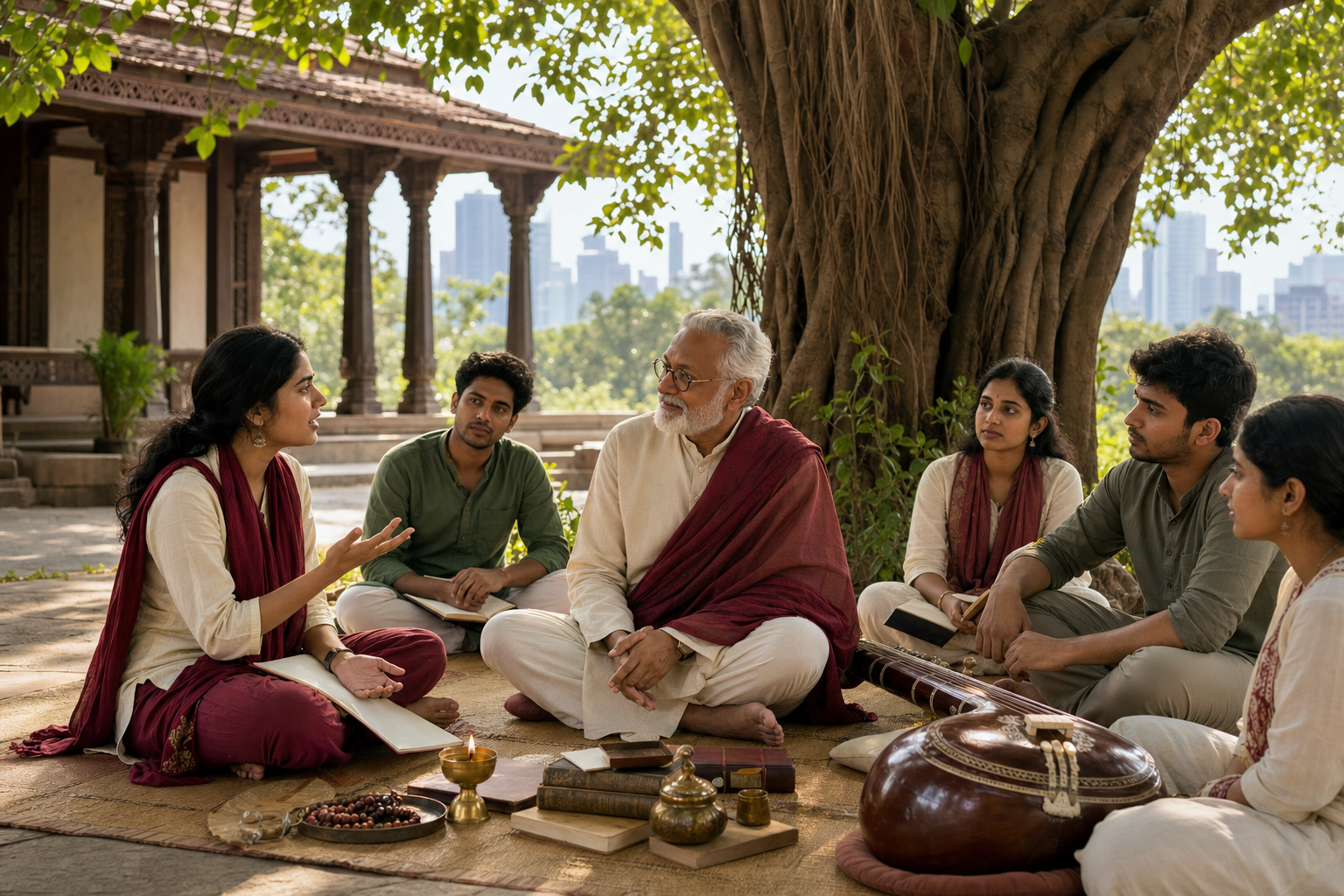 A young woman speaks with an elder teacher as other young adults gather with books and traditional objects beneath a banyan tree.