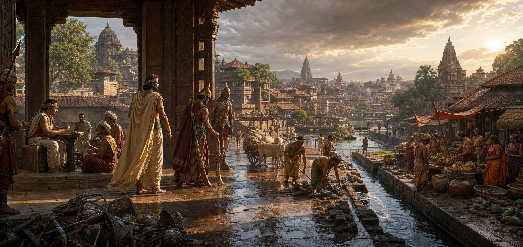 Soldiers sheath their weapons as residents reopen a market, repair an irrigation channel, and seek judgment at a restored city gate.