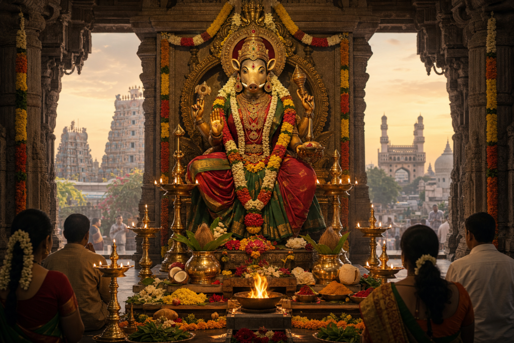 Devotees pray before a garlanded Goddess Varahi shrine with brass oil lamps and offerings in a Hyderabad temple.
