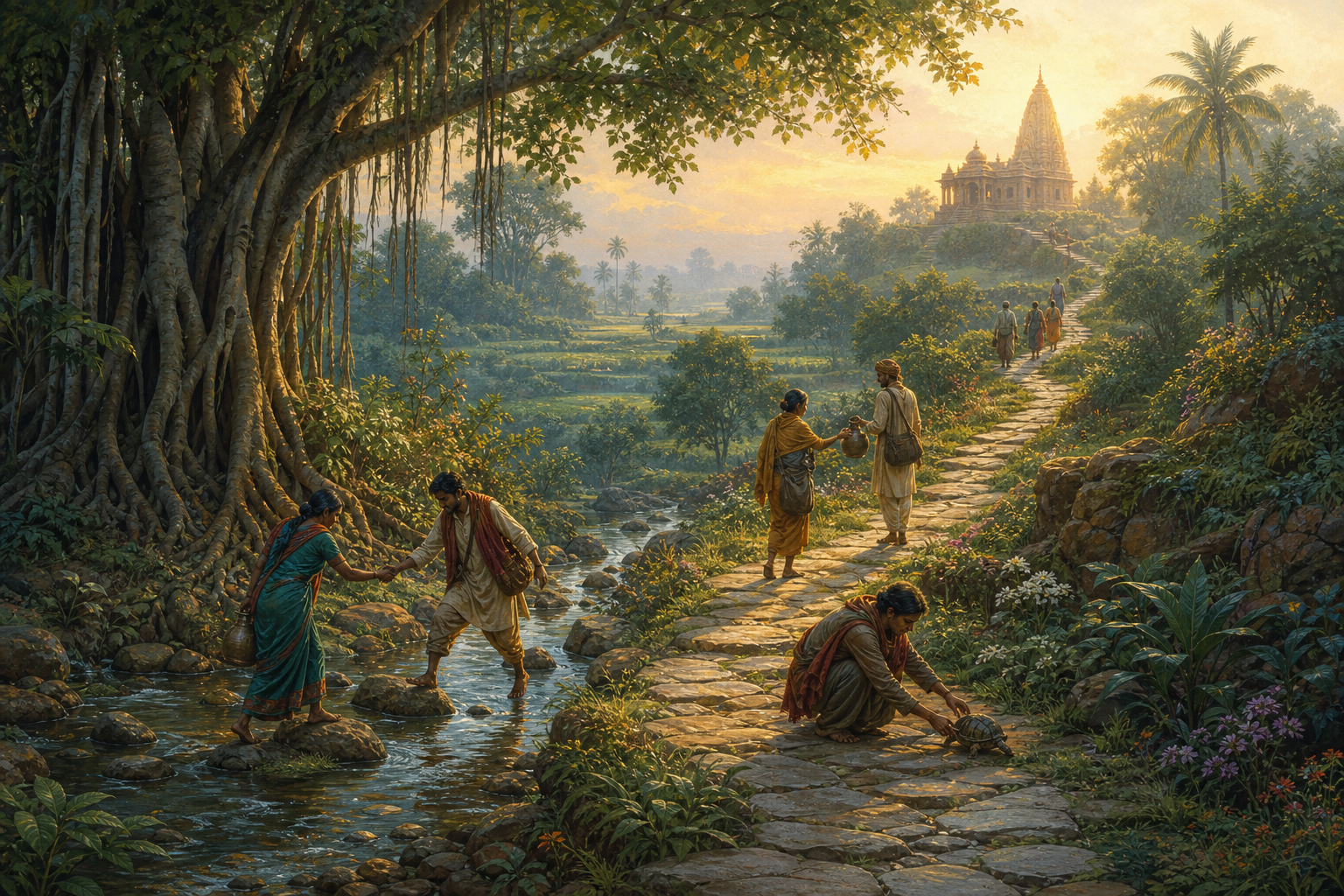 Travelers help one another, share water, and protect a small animal while following a stone path toward a distant temple.