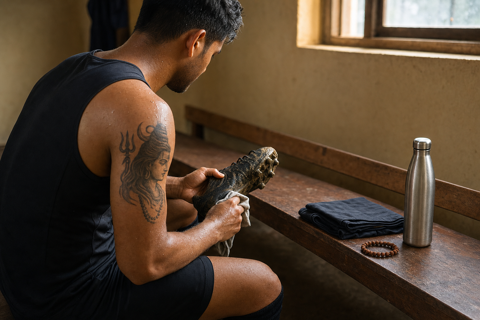 An anonymous athlete cleans his football boots in a changing room, with a Shiva-inspired tattoo and rudraksha bracelet visible.