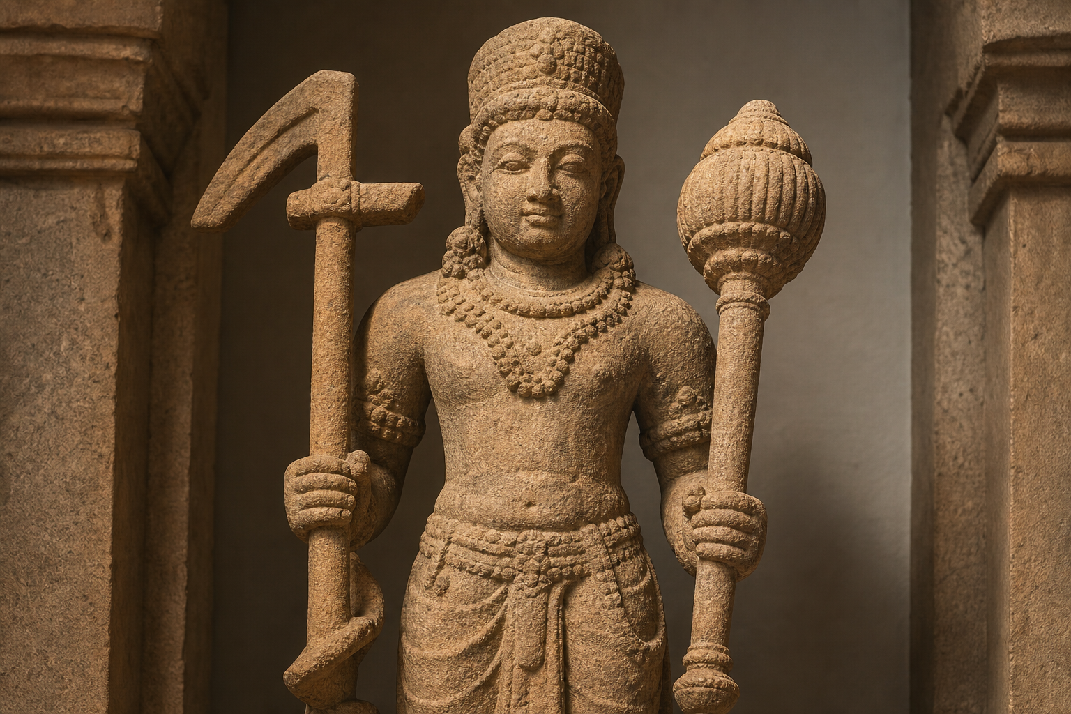 A weathered sandstone sculpture of Balarama holds a plough and mace inside a carved architectural niche.