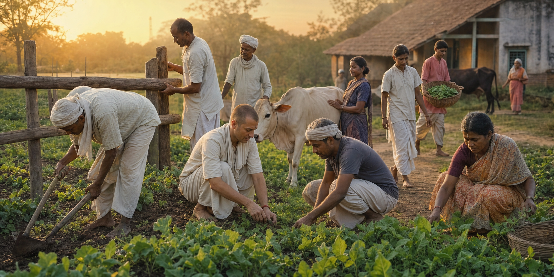A Vaishnava teacher and community members work together in cultivated fields near cows and simple farm buildings.
