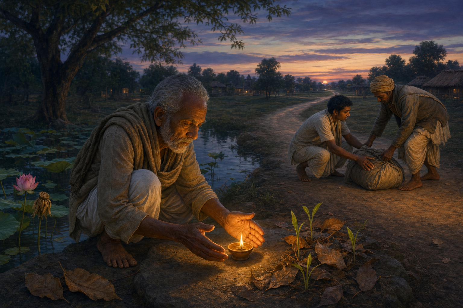 An older person protects an oil lamp while one traveler helps another beside a pond with blooming and fading lotuses.