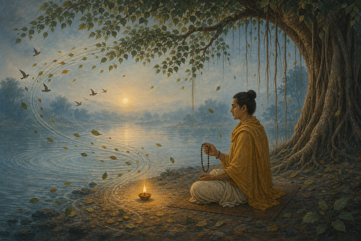 A devotee meditates beneath a banyan tree beside a river as leaves, birds, and ripples surround a glowing oil lamp.