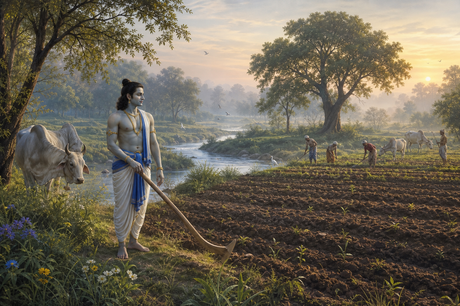 Balarama rests his plough beside cultivated fields that share the landscape with a river, cattle, trees, wild grasses, and working farmers.