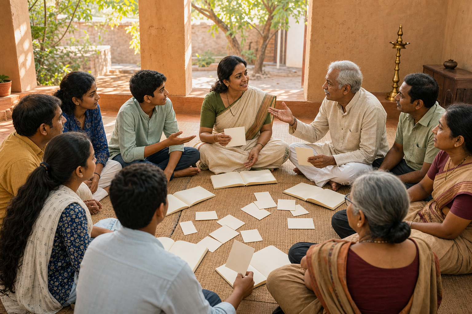 Teenagers, parents, and elders participate in an intergenerational learning circle inside a community hall in Maharashtra.