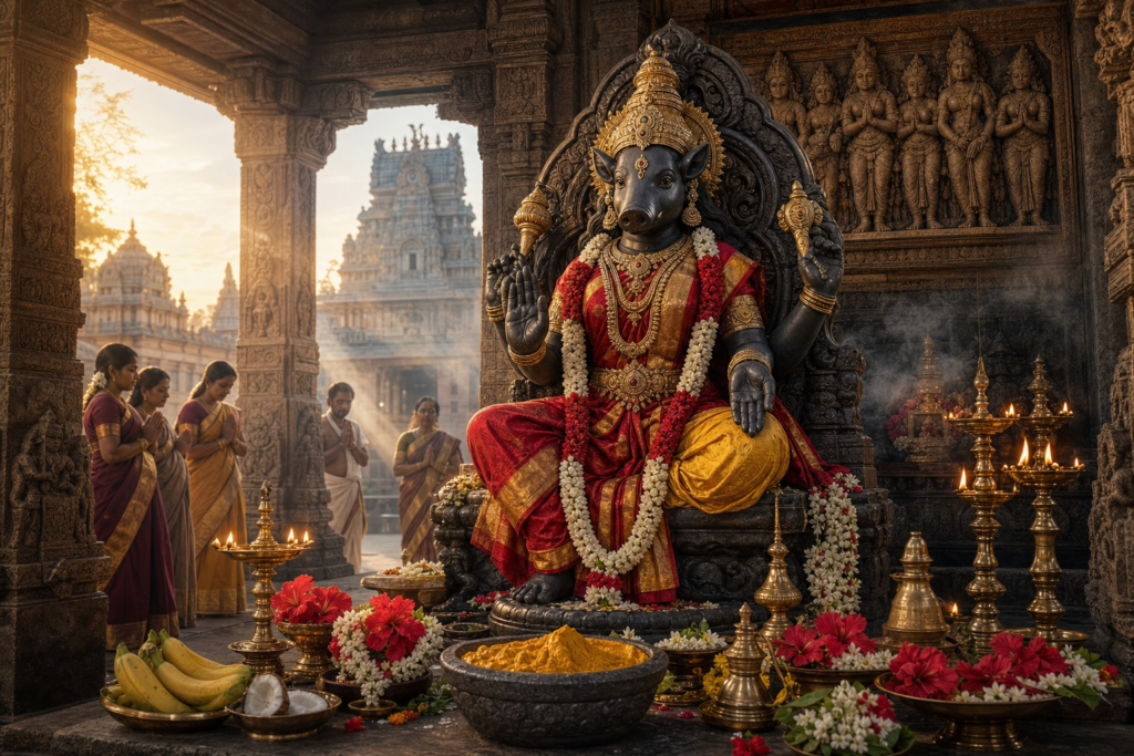 Goddess Varahi Amman seated in a Tamil temple shrine, surrounded by oil lamps and offerings as devotees pray nearby.