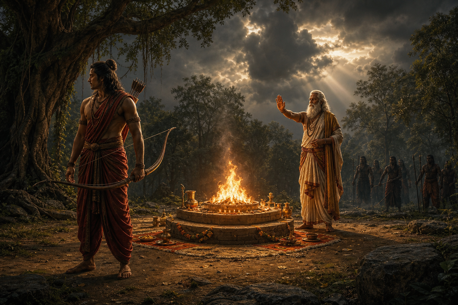 A guardian lowers a bow beside a forest fire altar while an elder raises a hand in counsel and distant figures remain in shadow.