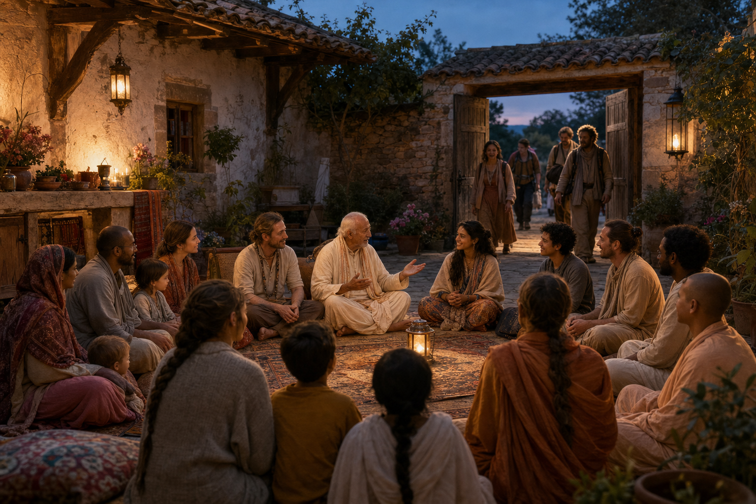 An elder Vaishnava speaks with families, young adults, and renunciants from varied cultural backgrounds in a courtyard.