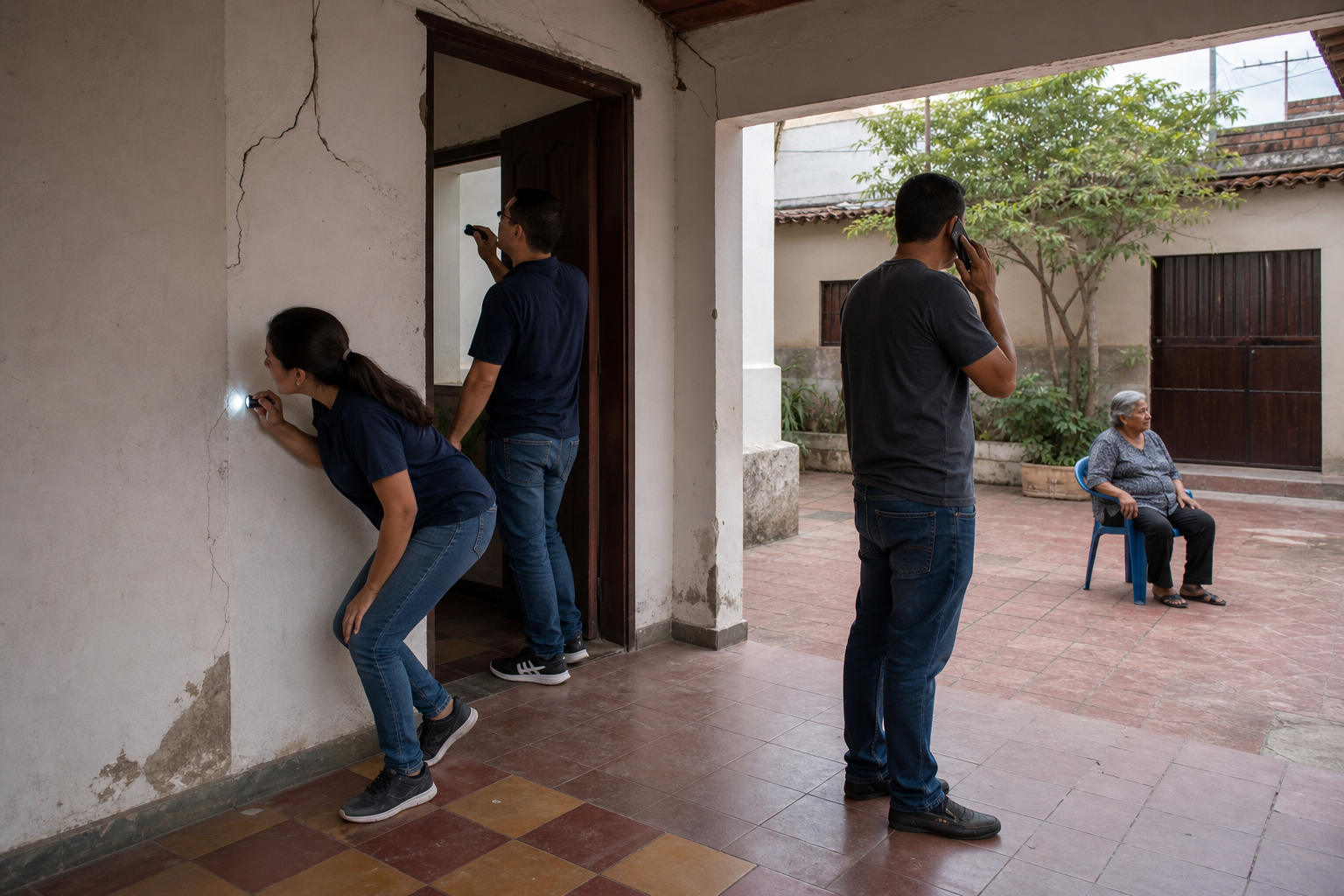 Volunteers inspect a temple doorway and coordinate by phone while community members wait in an open courtyard.