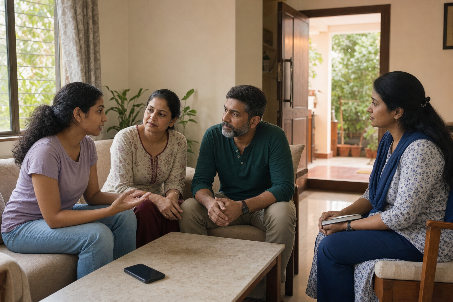 A young adult speaks with supportive family members and a counselor in a calm Maharashtra home setting.