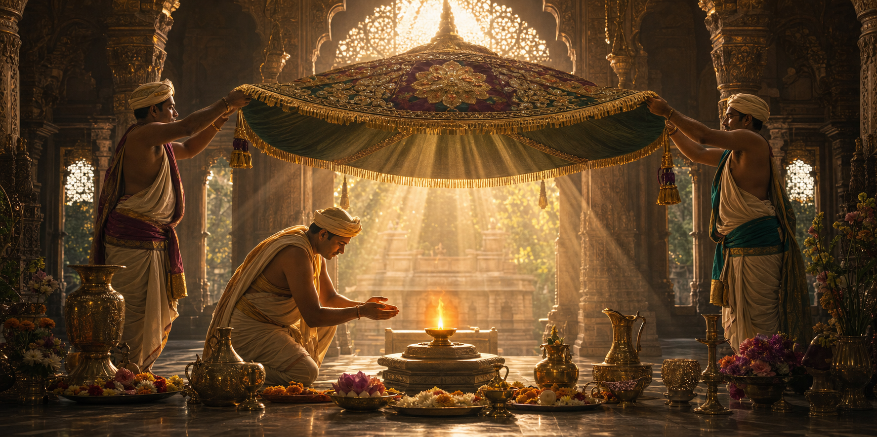 Temple attendants move an ornate canopy away from a central oil lamp while one attendant shields the flame with cupped hands.