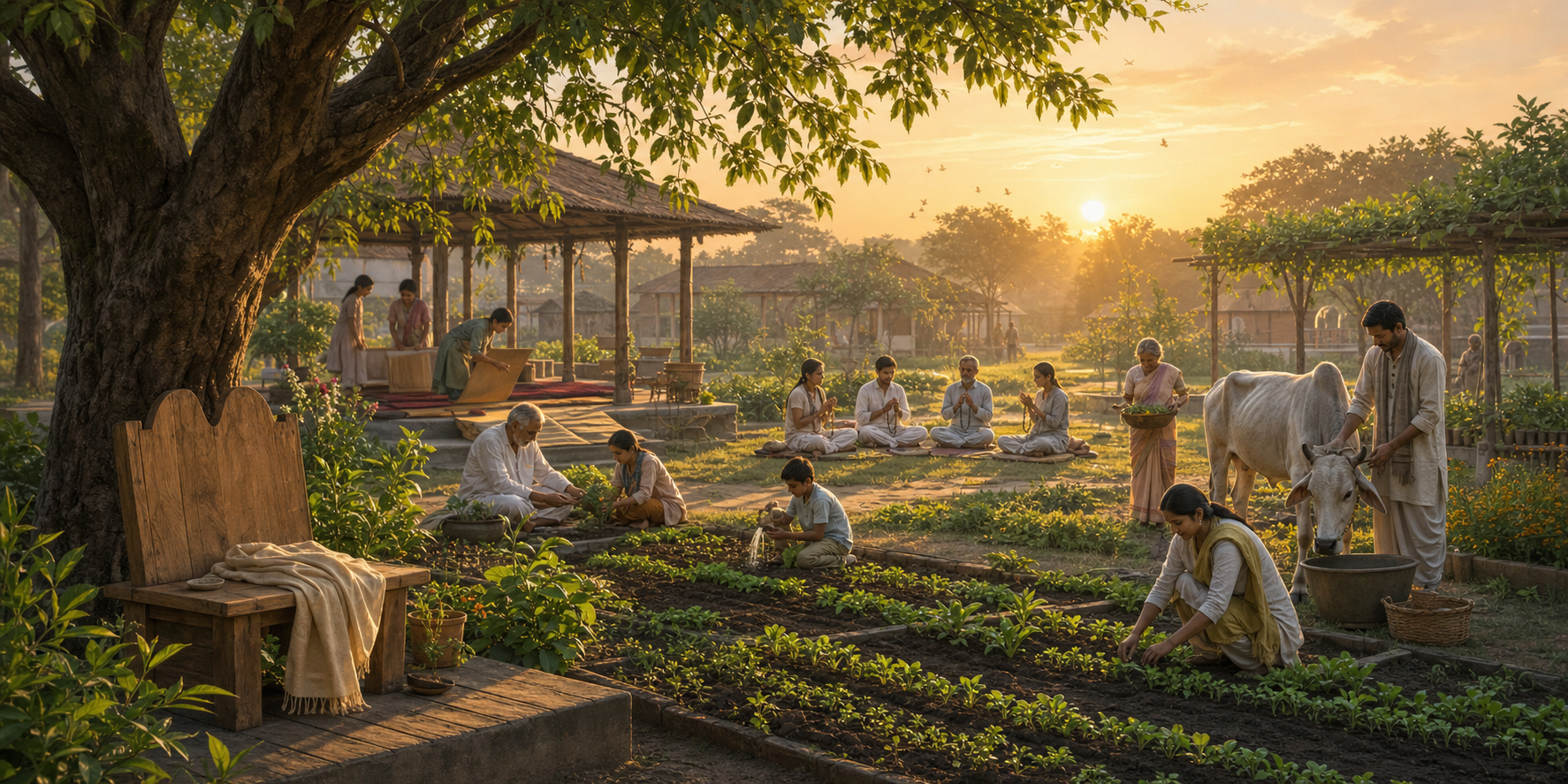 Community members continue farm work and prayer near an empty wooden seat beneath a tree at sunrise.