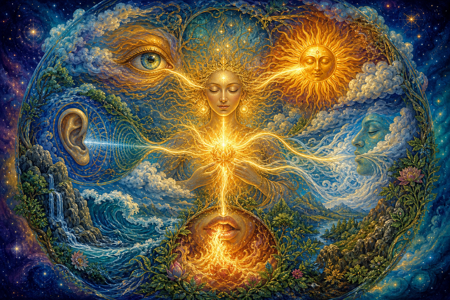 Golden light connects a central radiant presence with an eye, an ear, breath, fire and the surrounding elements in a circular cosmic scene.