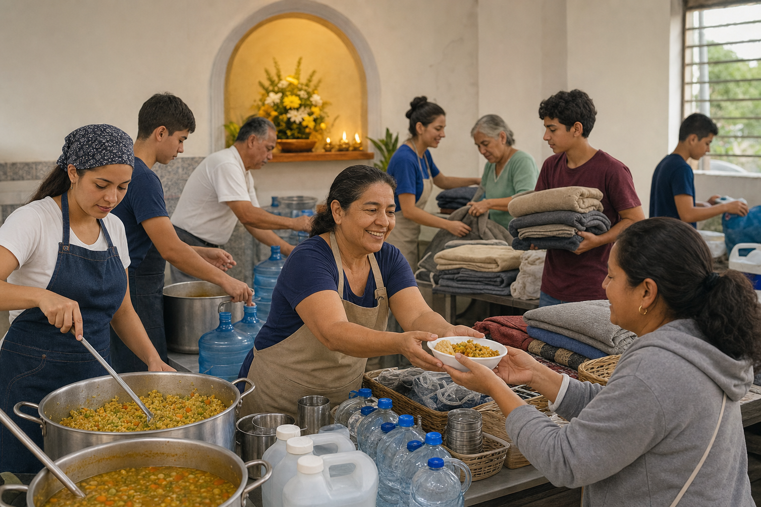 Community volunteers prepare vegetarian meals, water, blankets, and supplies in a Vaishnava temple kitchen.