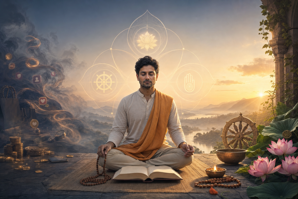 Spiritual practitioner meditating between material temptations and dharmic symbols at dawn