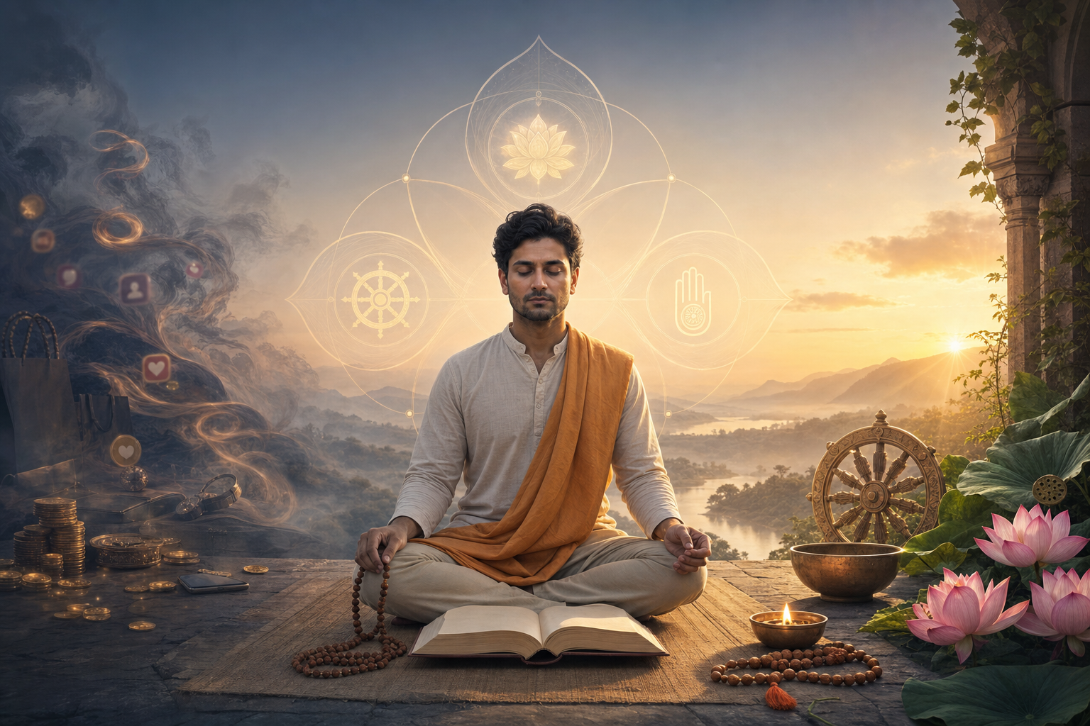 Spiritual practitioner meditating between material temptations and dharmic symbols at dawn