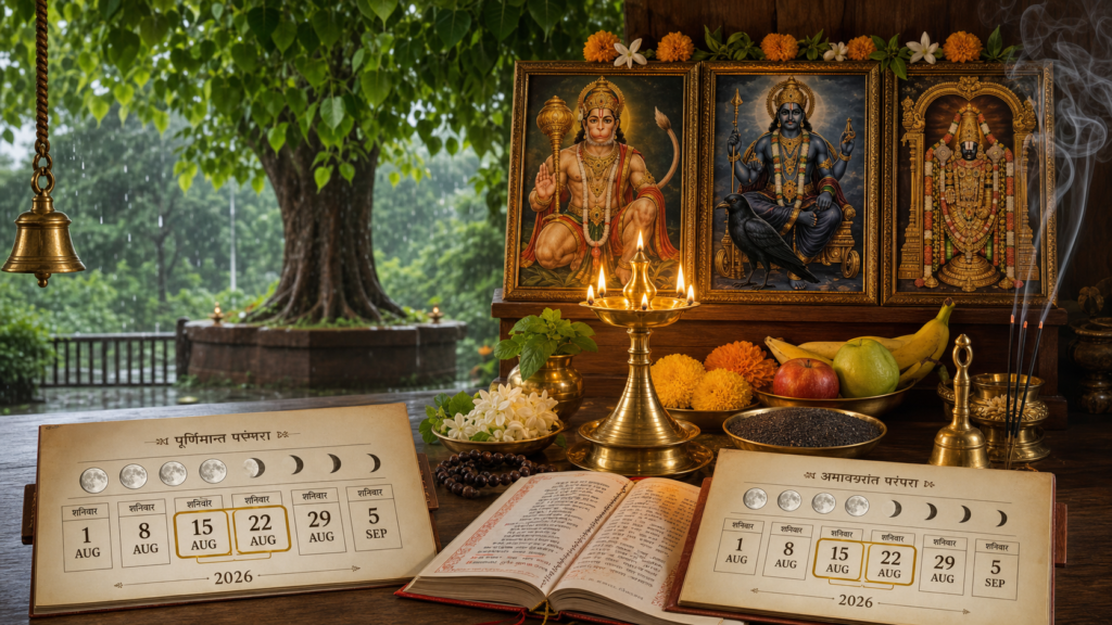 Shravan Shanivar 2026 home puja with Hanuman, Shani and Venkateshwara beside lunar calendar panels and monsoon greenery