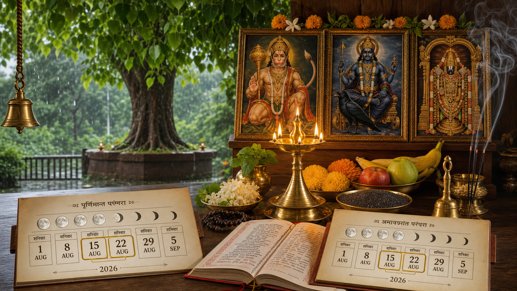 Shravan Shanivar 2026 home puja with Hanuman, Shani and Venkateshwara beside lunar calendar panels and monsoon greenery