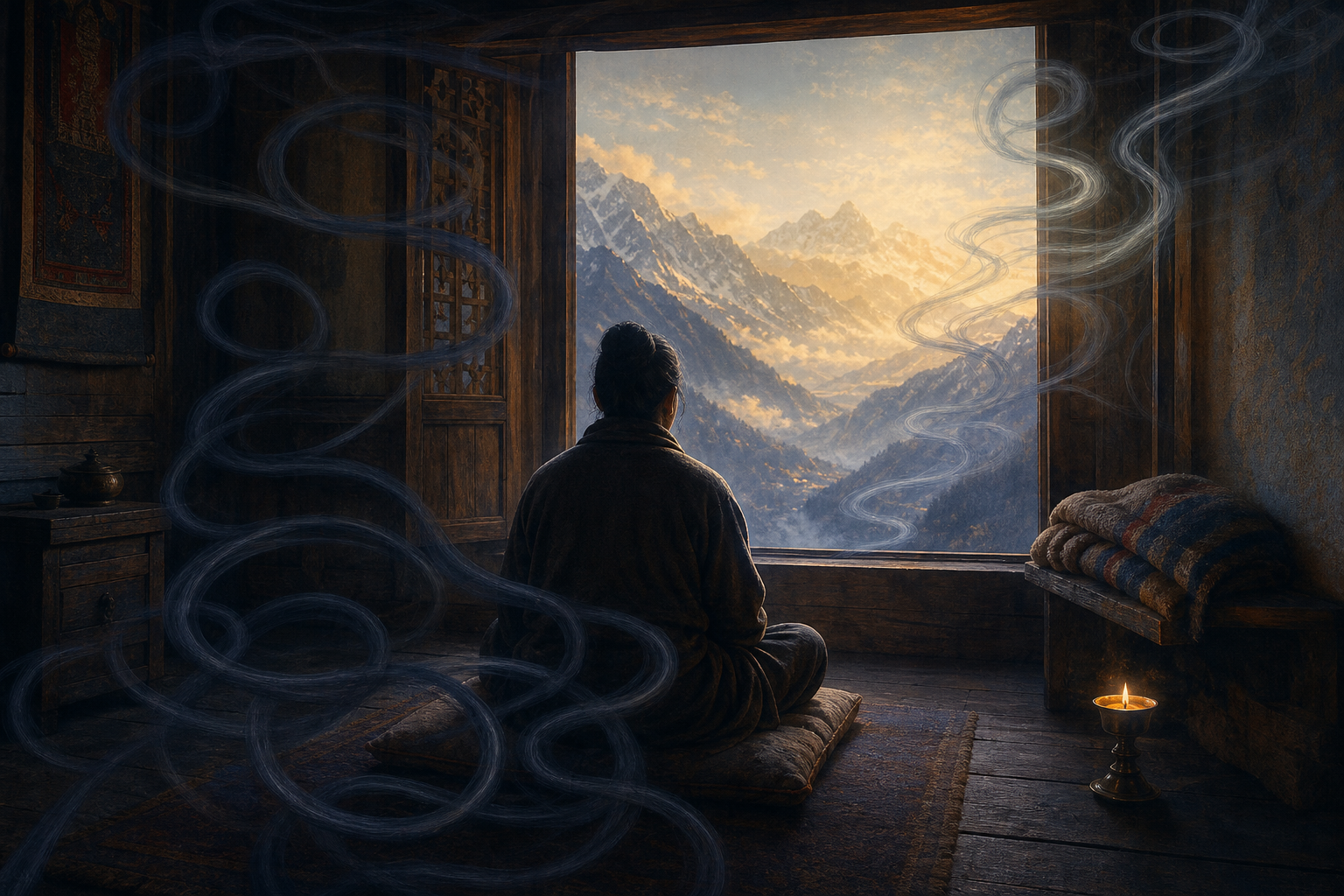 A seated practitioner meditates in a Himalayan retreat room as dark looping mist opens toward sunlit mountains and clear sky.
