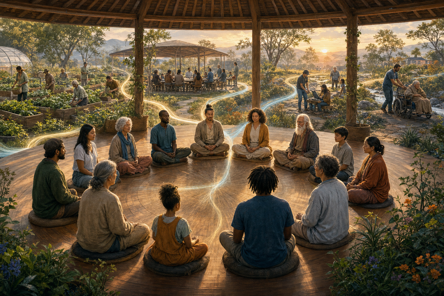A diverse group meditates in a circular pavilion as subtle bands of light extend toward a garden, meeting space, and community service activities.