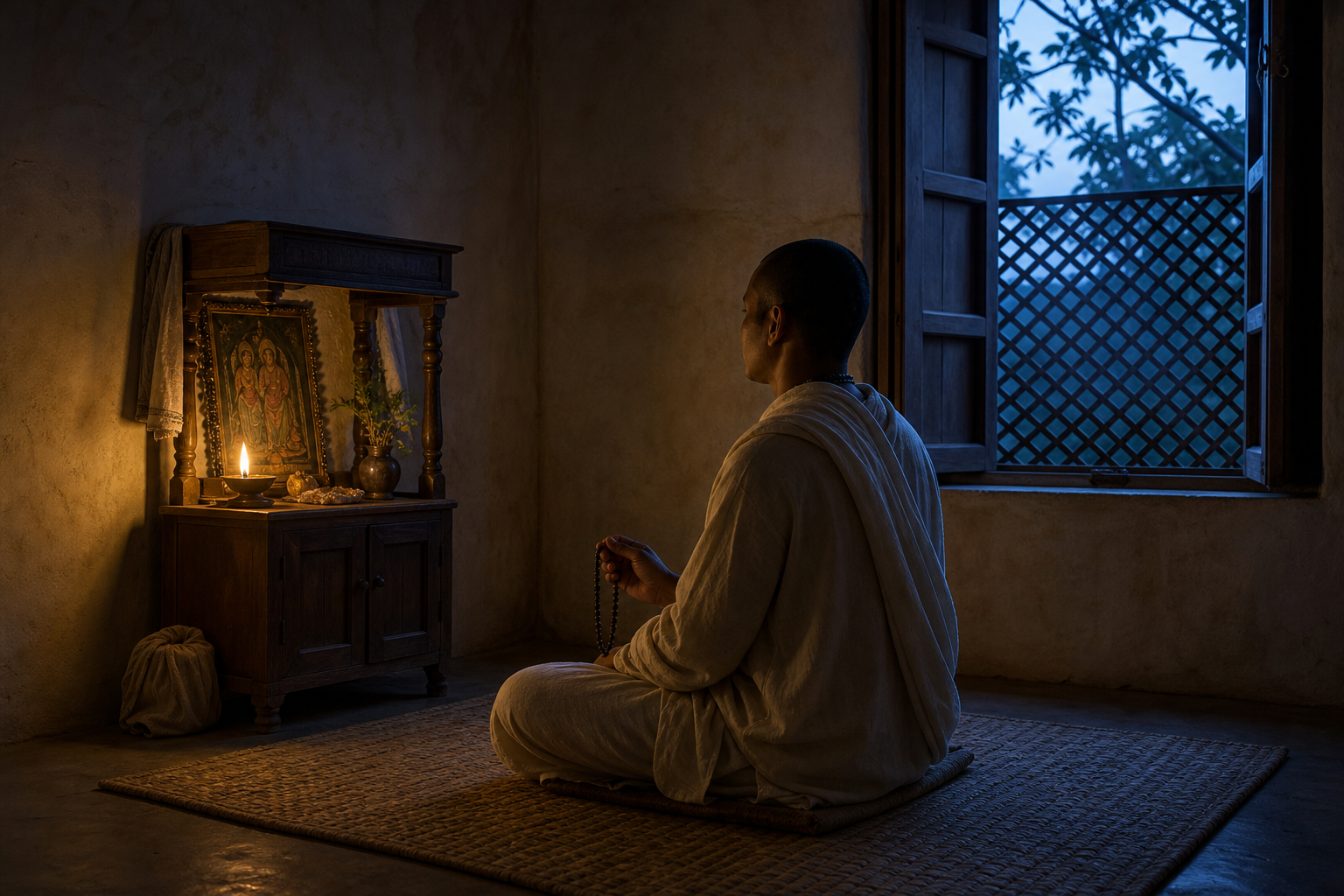 A practitioner sits with prayer beads before a simple lamp-lit devotional altar before dawn.