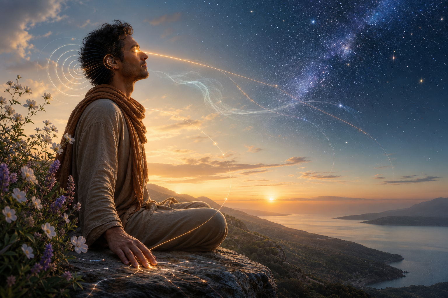 A seated person perceives sunlight, wind, sound ripples, stone and flowers, with luminous threads linking the senses to the surrounding world.