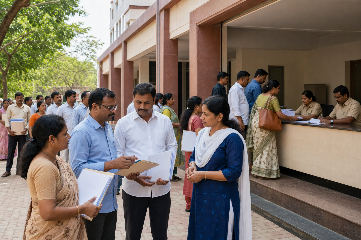 Residents stand in an orderly line to submit documents to public officials at an administration building in Maharashtra.
