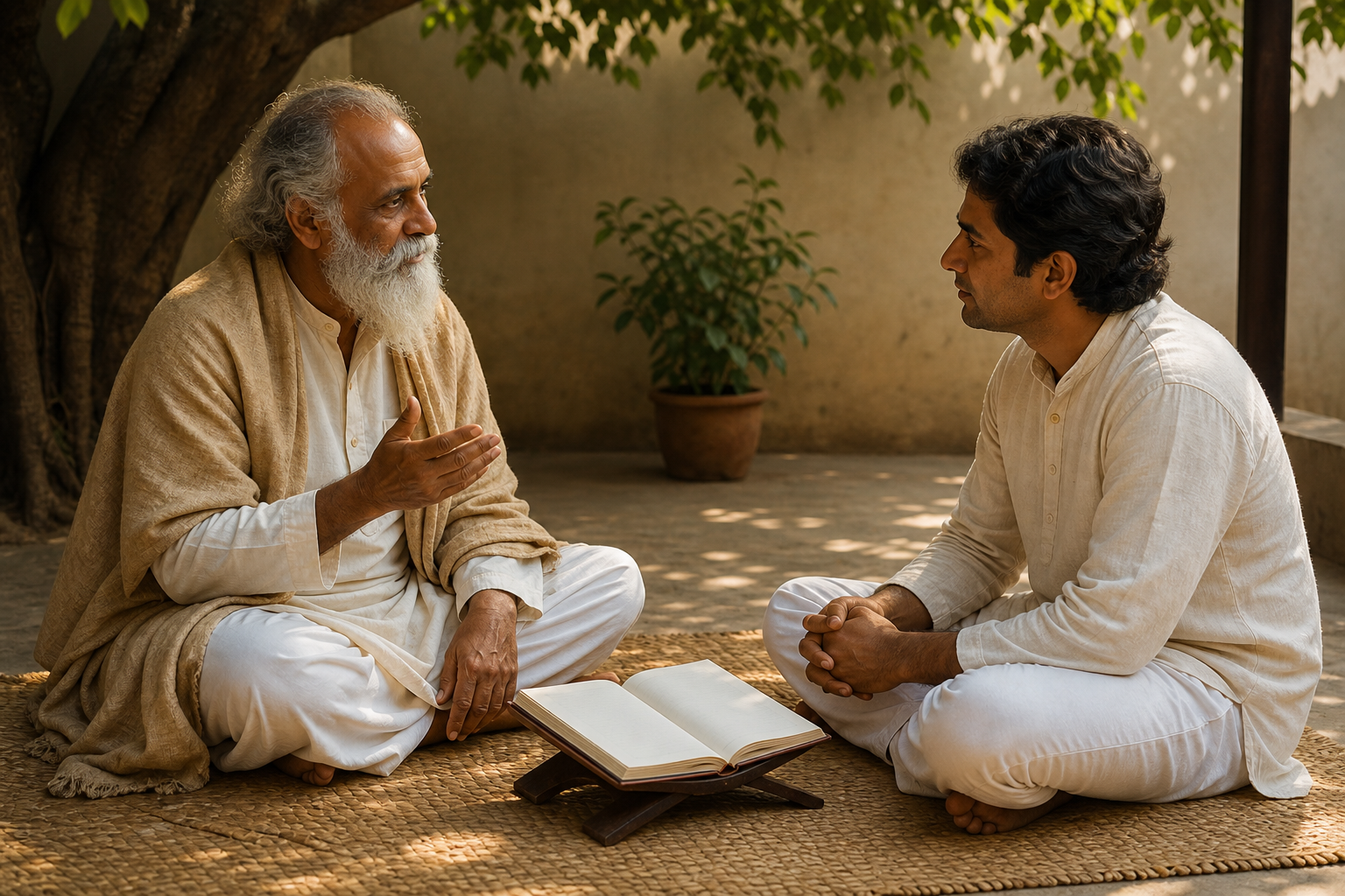 An older spiritual teacher and an adult student discuss an open book while seated together in a shaded courtyard.