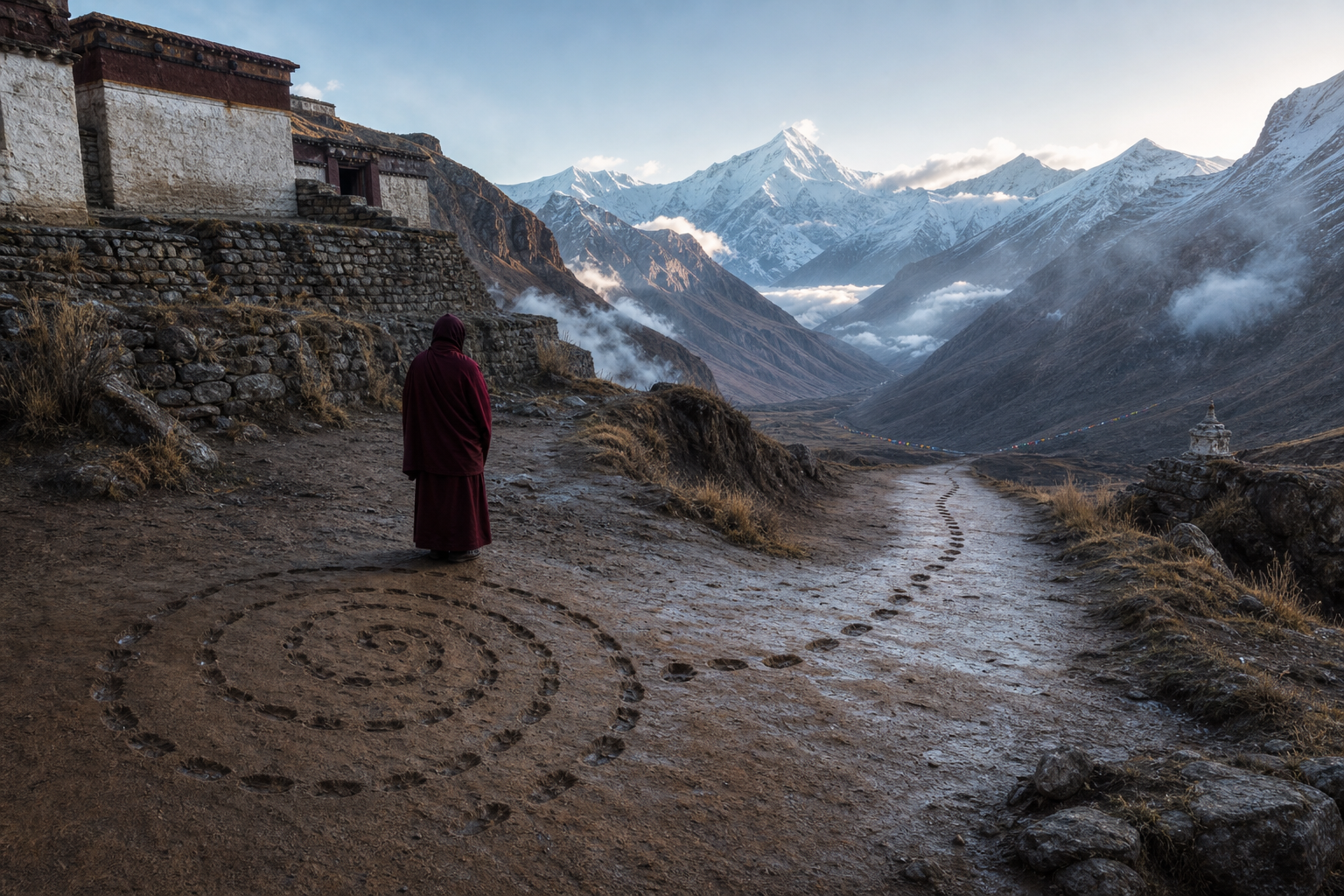 A robed practitioner stands where circular footprints straighten into a path leading toward an open mountain pass.