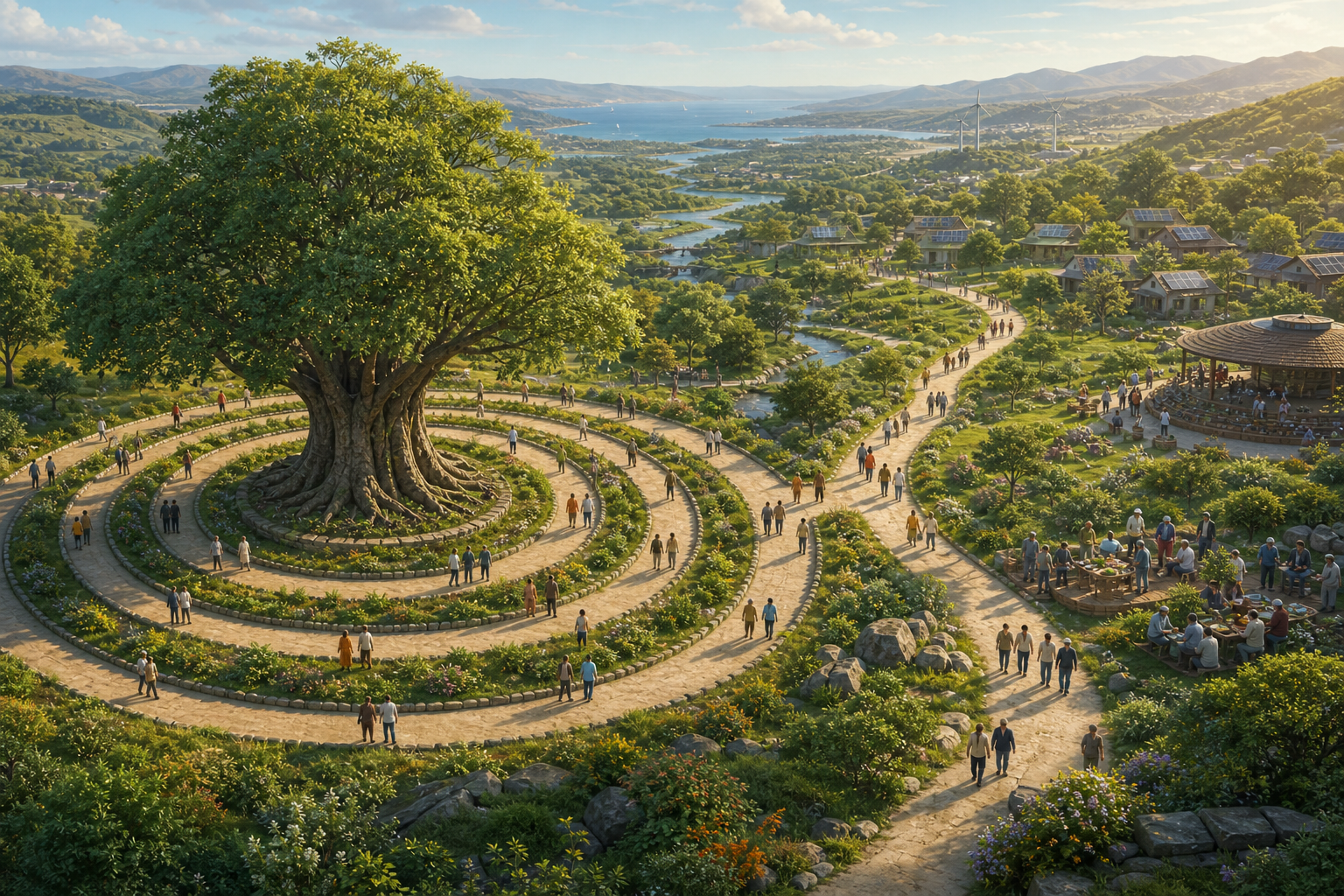Concentric paths surround a large tree while an additional path opens toward homes, restored land, a public gathering, and community service.