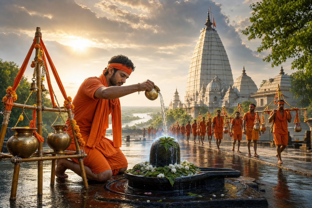 Saffron-clad Kanwariya pours Gangajal over a Shiva linga during the Kanwar Yatra at Baba Baidyanath Dham in Deoghar.