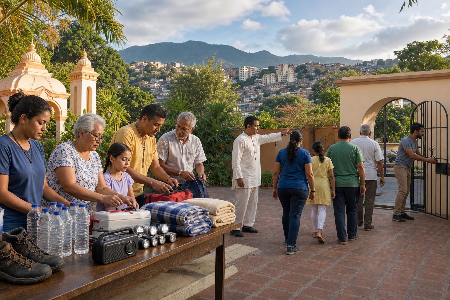 Community members organize emergency supplies and practice evacuation procedures in a Caracas temple courtyard.