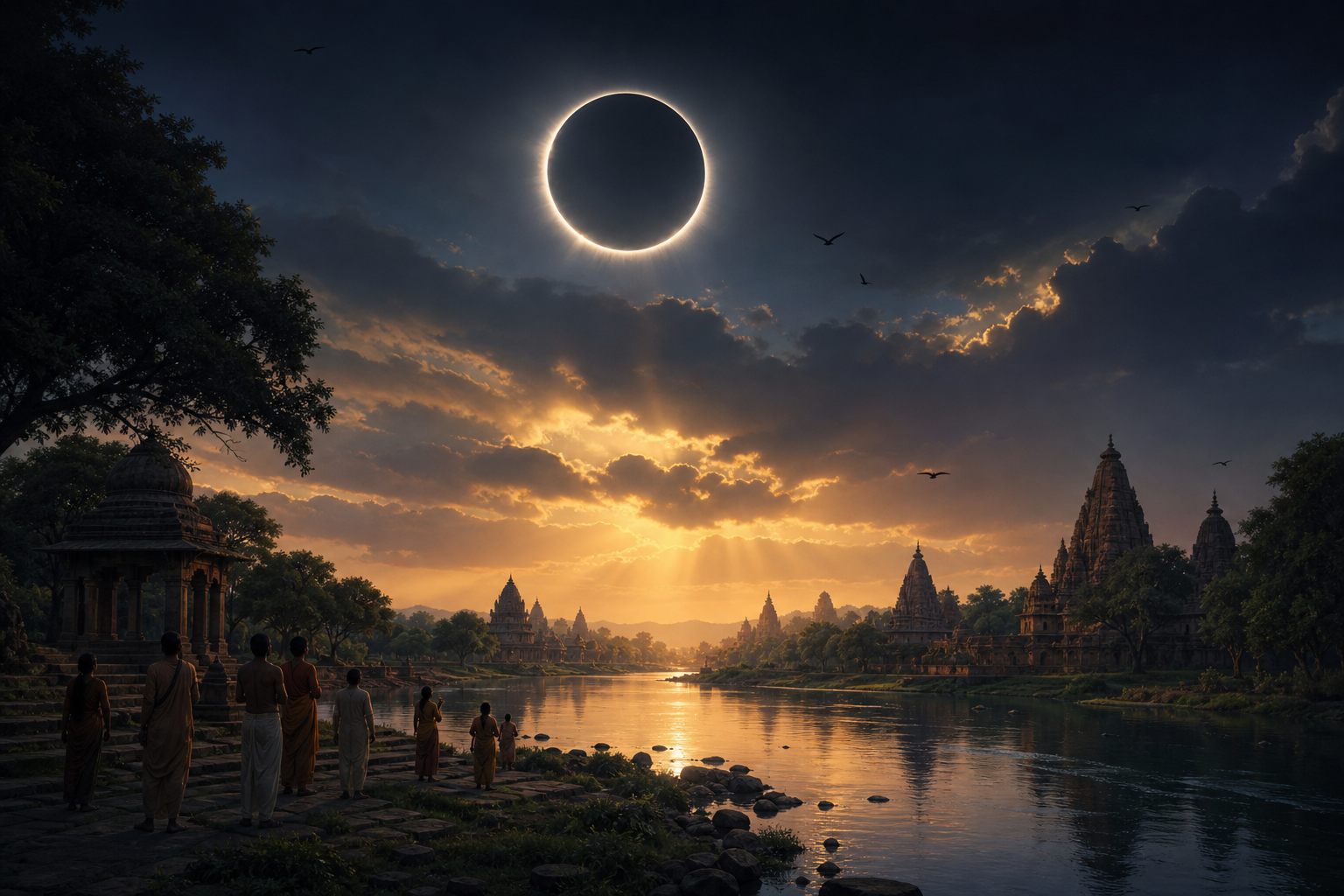 A dark disk eclipses the sun above a river landscape as a bright ring and golden horizon remain visible beyond the shadow.