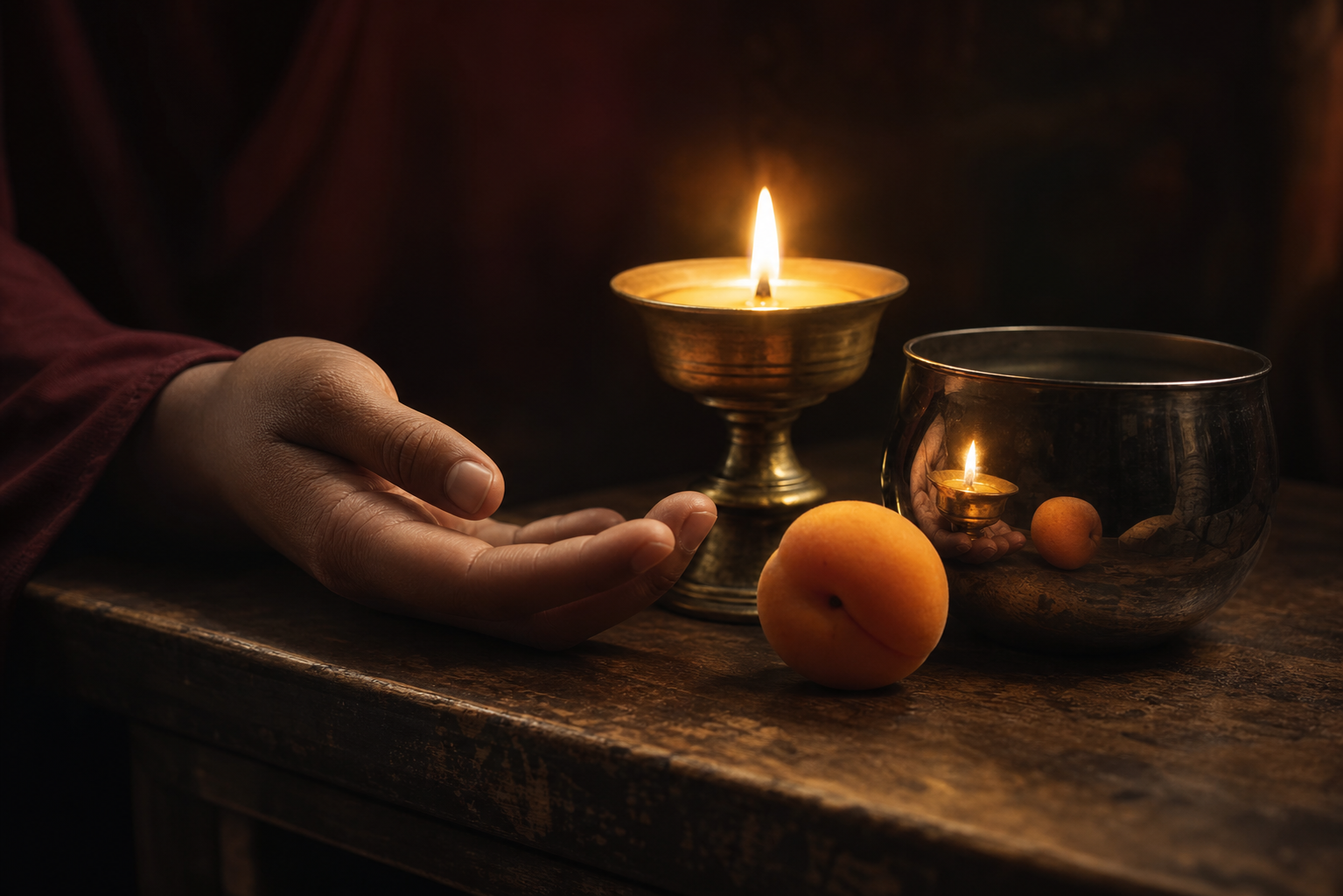 An open hand rests beside a butter lamp, fruit, and a reflective metal cup on a wooden table.